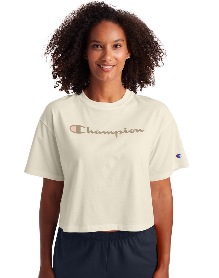 Champion Dame T-Shirts Hvide - Cropped Script Logo - Danmark JXC-954061